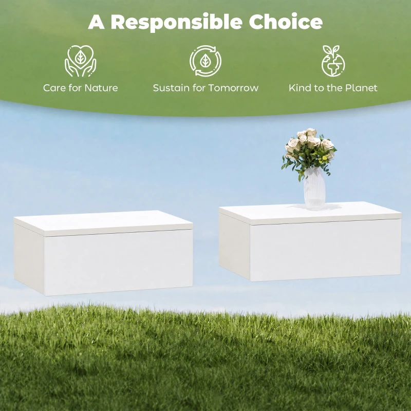 HOMCOM Floating Bedside Table Set of 2, Wall-Mounted Nightstand with High Gloss Finish & Storage Drawer, White