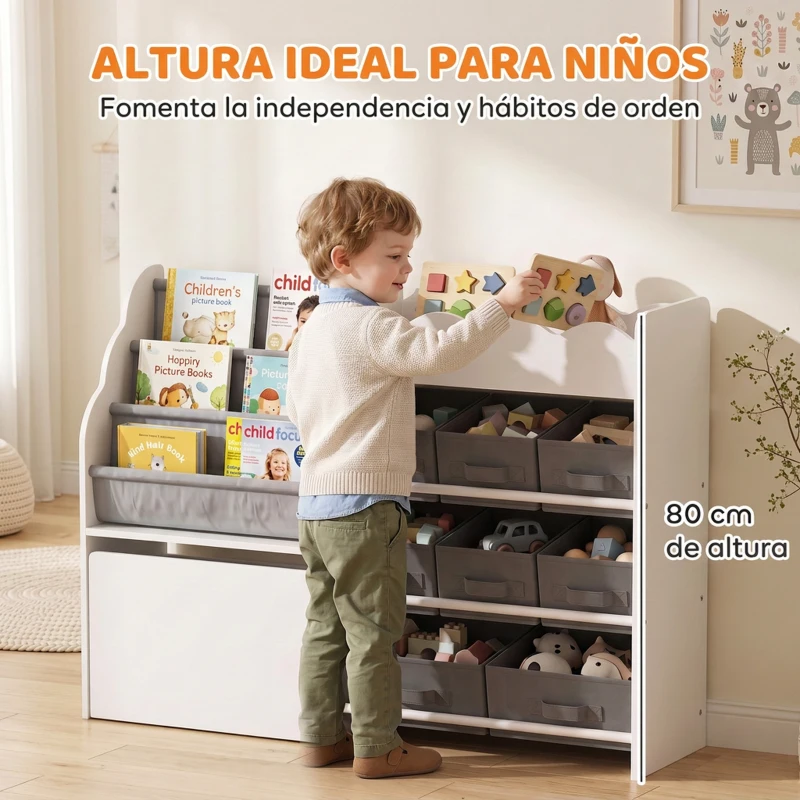 AIYAPLAY Estantería Infantil Juguetes con 8 Cestas de Tela Cajón con Ruedas Librería Estante Abierto 3-8 Años 109x30x80cm Blanco