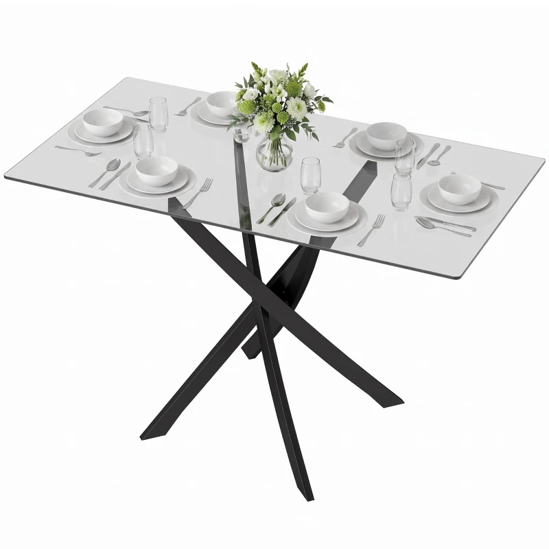 HOMCOM Rectangular Dining Table for 6 People, 120cm Modern Kitchen Table with Tempered Glass Top and Cross Steel Legs, Clear