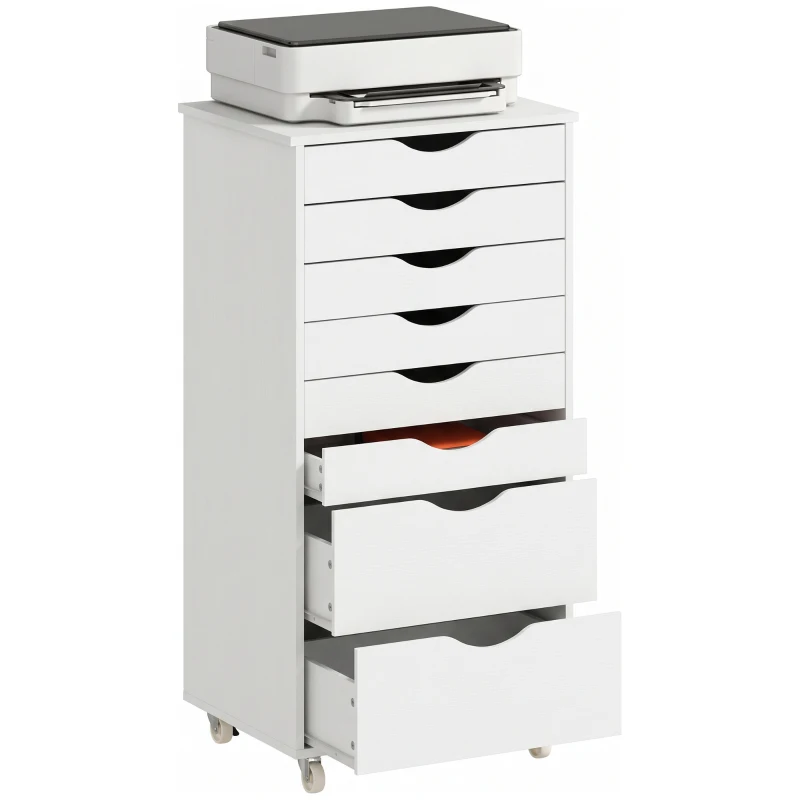 HOMCOM Caisson Bureau Mobile avec 8 Tiroirs, Meuble Rangement Bureau pour Documents et Imprimante, 53x40x103,5cm, Blanc