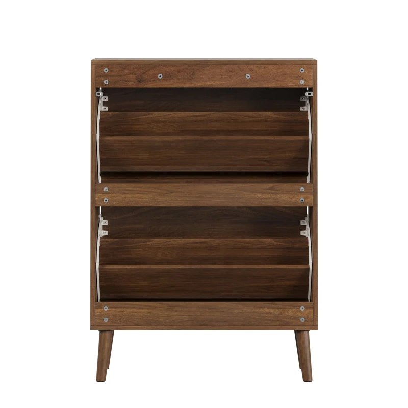 Farmhouse Walnut Shoe Storage Cabinet with 2 Flip Drawers, Slim Fence Shoe Cabinet for Corridor Entrance, 60L x 24W x 98H cm, Walnut