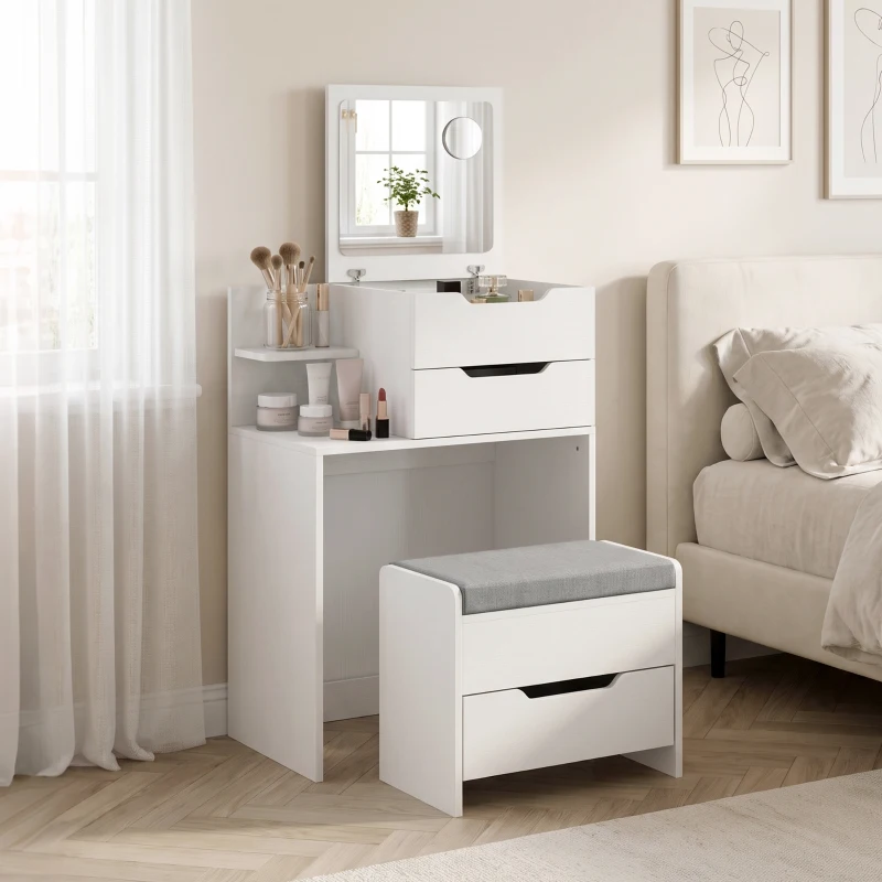 HOMCOM Vanity Desk Flip Top Hidden Mirror Vanity Rolling Stool Open Shelf White Wood Effect