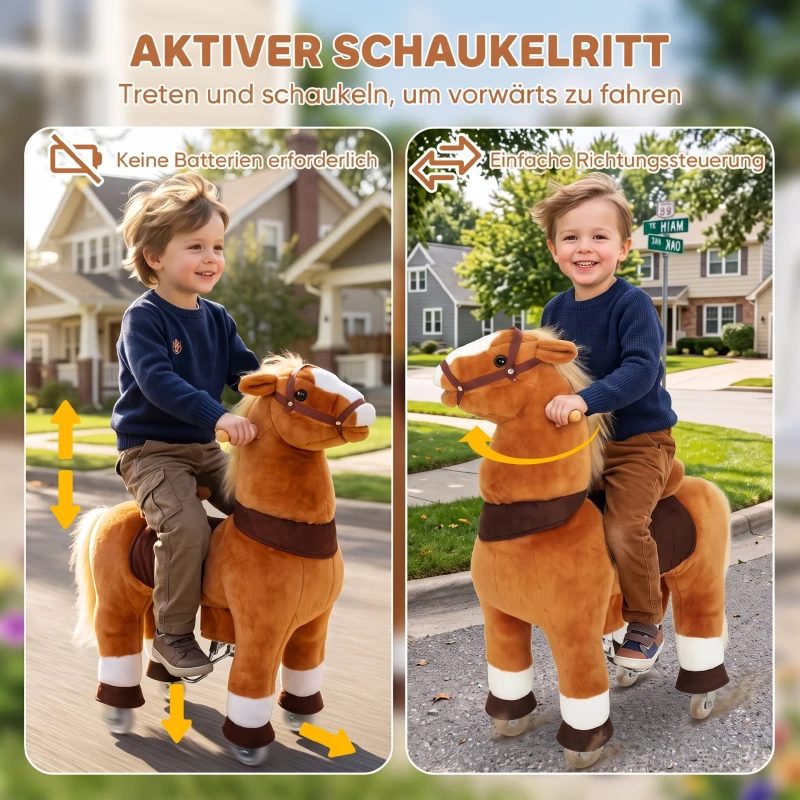 AIYAPLAY Reitpferd auf Rollen Spielpferd zum Reiten mit 4 Rädern Griffe Fußstütze, 95 cm hoch bis 40 kg, für Kinder 4-12 Jahren