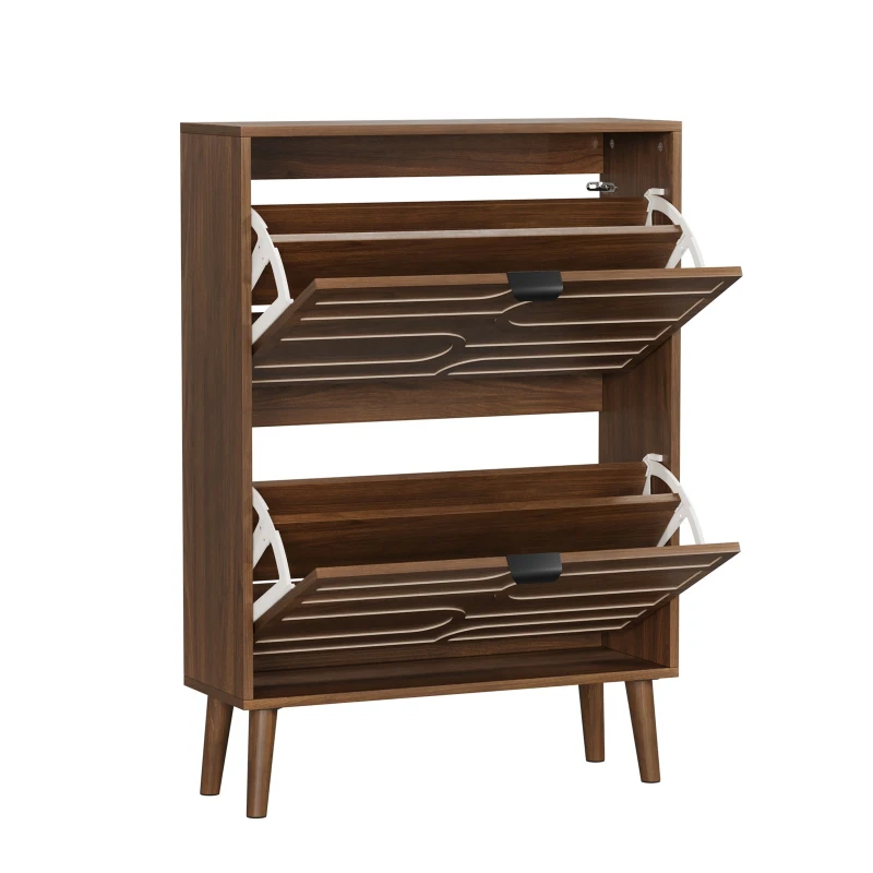 Farmhouse Walnut Shoe Storage Cabinet with 2 Flip Drawers, Slim Fence Shoe Cabinet for Corridor Entrance, 60L x 24W x 98H cm, Walnut