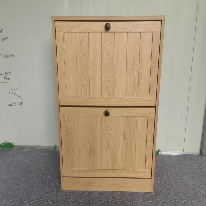 Slim Oak Hidden Shoe Cabinet with 2 Drop-Down Drawers, Mid-Century Freestanding Shoe Cabinet for Hallway, 60L x 24W x 80H cm, Oak