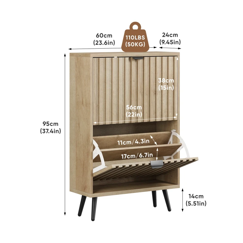 Slimline Oak Freestanding Shoe Cabinet with 2 Tilt-Out Compartments, Mid-Century Shoe Organizer for Hallway Porch, 60L x 24W x 95H cm, Oak