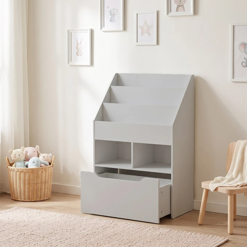 HOMCOM Bibliothèque étagère Multi-Rangement 3 étagères 2 niches Grand tiroir en bois Gris