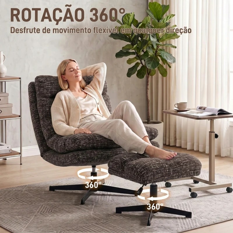 HOMCOM Poltrona Giratória em Chenille com Apoio para os Pés Ajustável Acolchoamento Espesso Cinza
