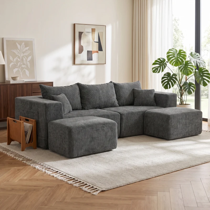 HOMCOM Sofá Modular en U de 3 Plazas con 2 Otomanas Bolsillos Sofá de Chenilla con Asiento Ancho No Requiere Montaje Gris