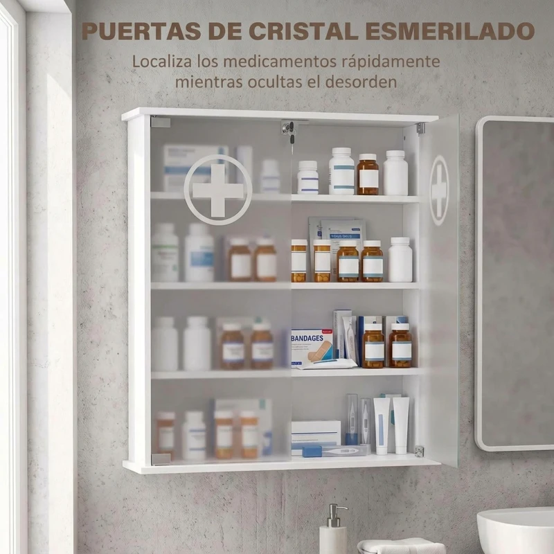 HOMCOM Botiquín de Pared de 5 Niveles con 2 Puertas de Cristal Estantes Ajustables Cerradura y 2 Llaves 60x17x82,5 cm Blanco