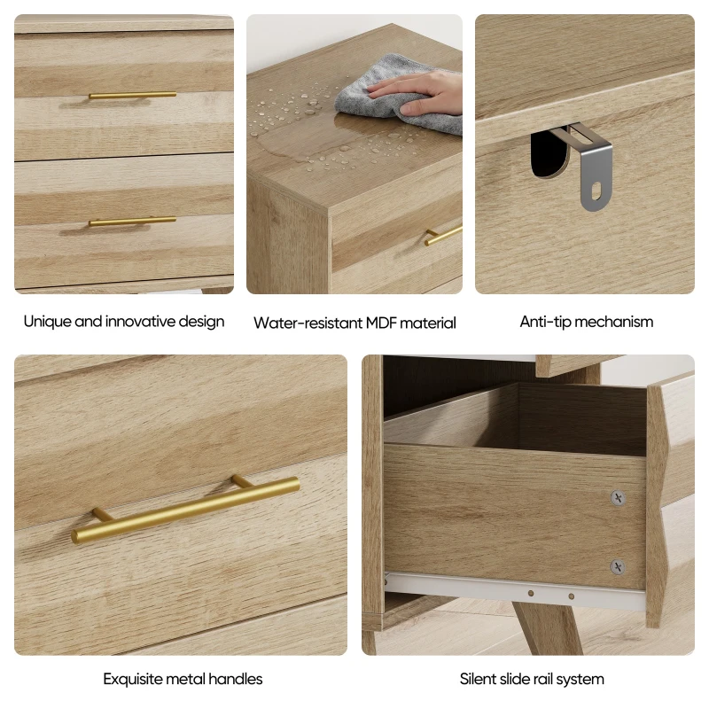 Minimalist Oak Double Drawer Bedside Table with Metal Handles, Modern Bedside Storage Cabinet for Bedroom, 50L x 40W x 58H cm, Oak