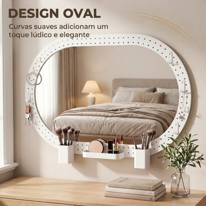 HOMCOM Espelho de Parede Decorativo com Painel Perfurado 90 x 60 cm para Sala e Quarto, Branco
