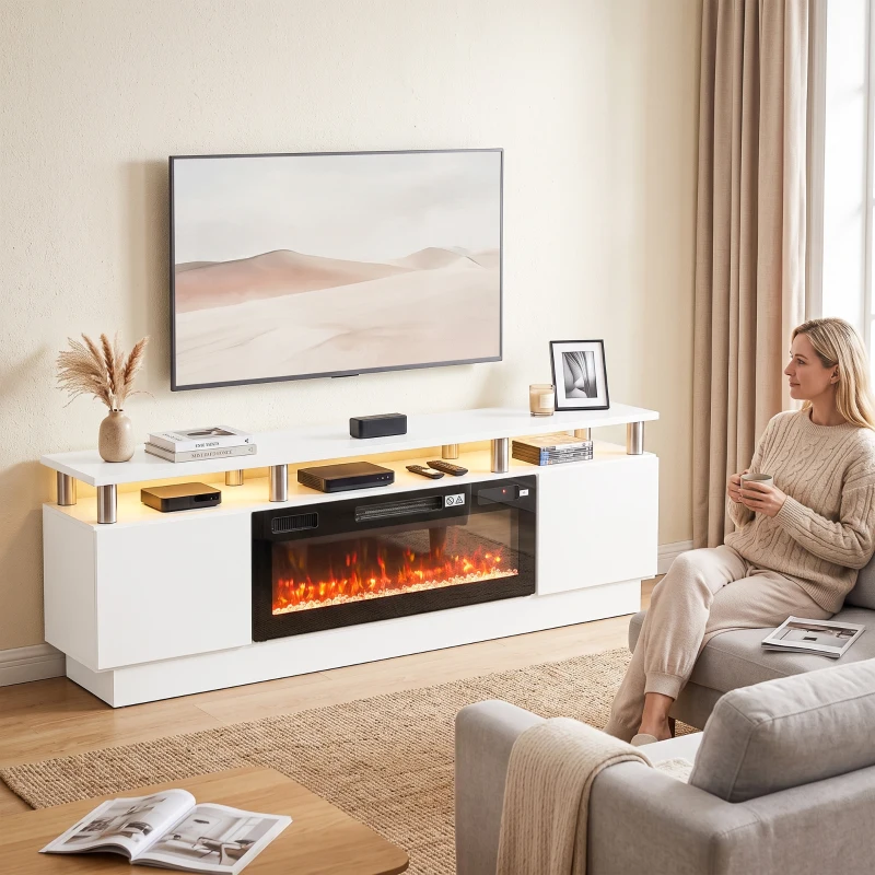 HOMCOM Electric Fireplace TV Stand for 80" TVs, 1800W LED Light Entertainment Center with Adjustable Flame, Remote, White