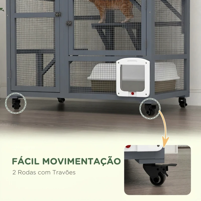PawHut Gaiola Interior para Gatos em Madeira com Rodas, Portas, Plataformas de Salto, Rede e Topo Basculante, 110x100x60 cm, Cinzento