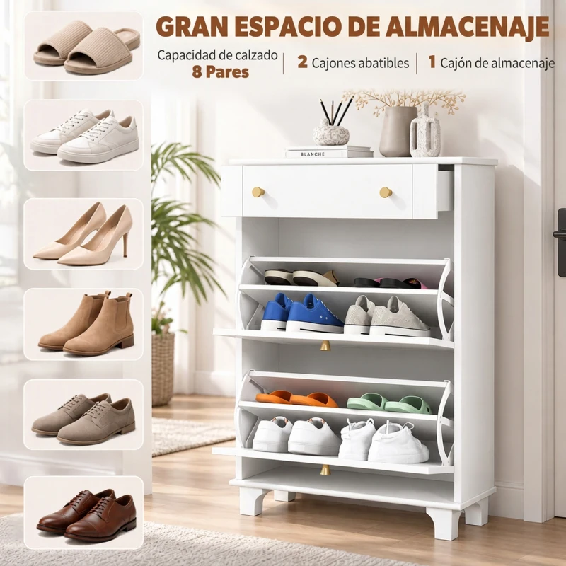 HOMCOM Mueble Zapatero Blanco Zapatero Estrecho con 2 Puertas Abatibles y 1 Cajón para 8-10 Pares de Zapatos 60x23,5x98,5 cm