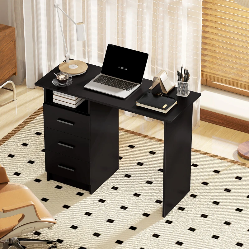 HOMCOM Scrivania Moderna Salvaspazio con 3 Cassetti e Ripiano Aperto, 100x40x75 cm, Nero