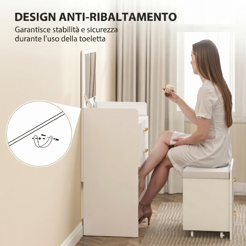 HOMCOM Postazione Trucco 3 in 1 con Specchio a Ribalta, Sgabello a Scomparsa, 3 Cassetti, Piano in Vetro, Bianco