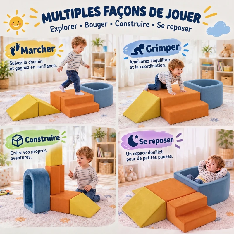 AIYAPLAY Parcours Motricité Bébé 5PCS, Module Motricité Bébé en Mousse, Piscine à Balles, Housse en Velours Lavable, Multicolore