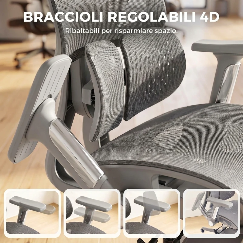 HOMCOM Sedia da Ufficio Ergonomica con Poggiapiedi e Rete Traspirante, Grigio