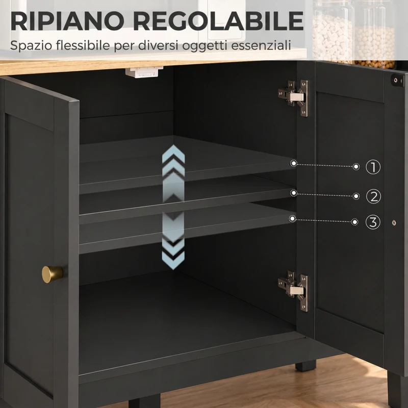 HOMCOM Mobile Microonde con Armadietto Inferiore e 3 Ripiani Laterali con Anta in Vetro, in Legno, 80x35x97 cm, Nero