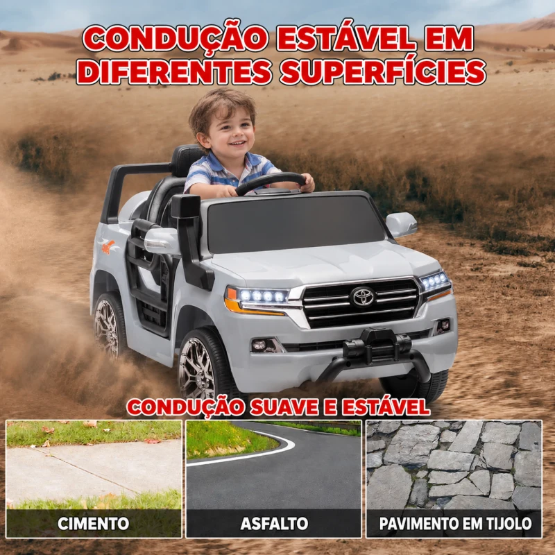 AIYAPLAY Carro Elétrico para Crianças Toyota Land Cruiser 12V com Faróis Buzina Arranque Lento e Música MP3 107x65x55,5 cm Cinza