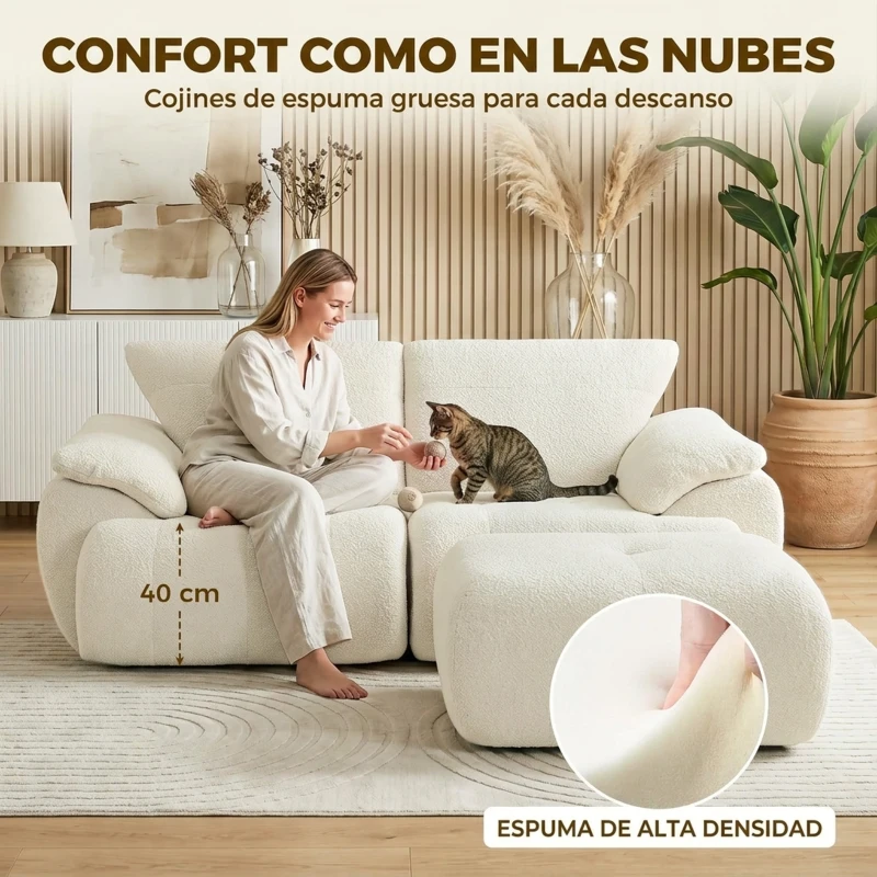 HOMCOM Sofá Modular en L de 2 Plazas con Otomana Reversible Sofá de Chenilla con Asiento Ancho No Requiere Montaje Crema