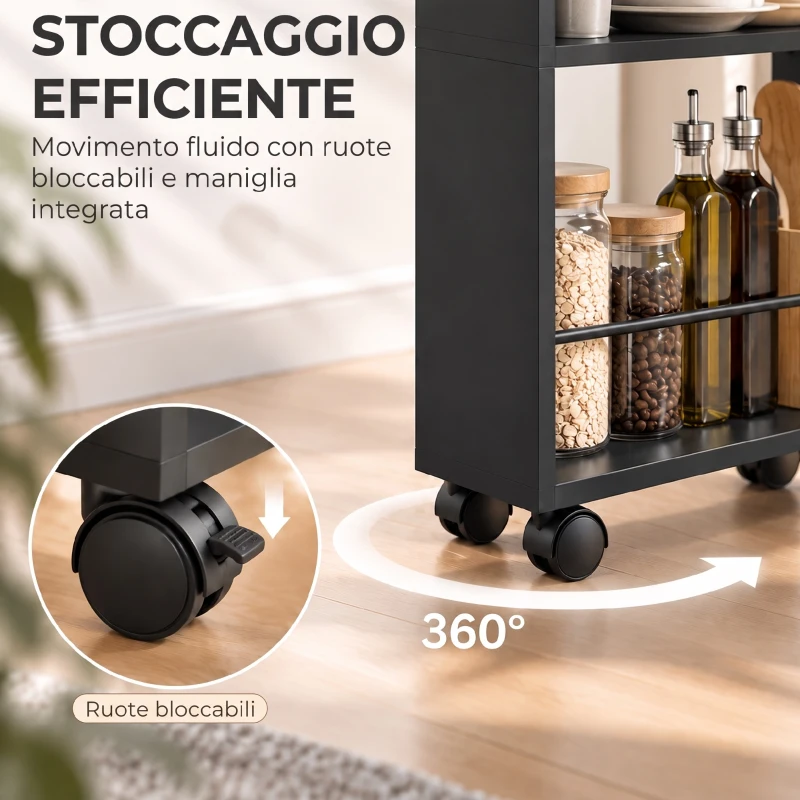 HOMCOM Carrello da Cucina e Bagno Salvaspazio a 3 Livelli con Barre Laterali e Ruote con Freni, Nero