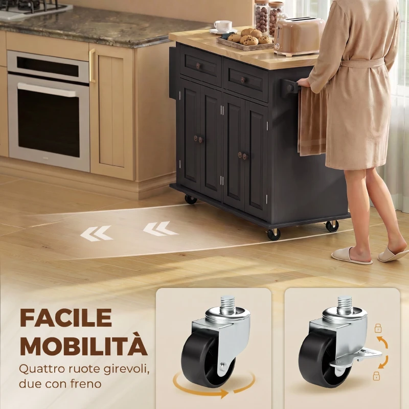 HOMCOM Isola da Cucina con Ruote, Carrello Salvaspazio con Piano in Legno di Caucciù, 111 x 44.5 x 82.5 cm, Nero