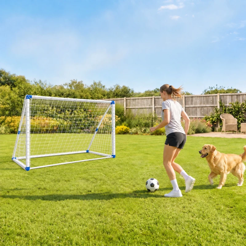 SPORTNOW Porta da Calcio Pieghevole con Pompa, Picchetti e Pallone 183 x 96 x 130 cm, Bianca