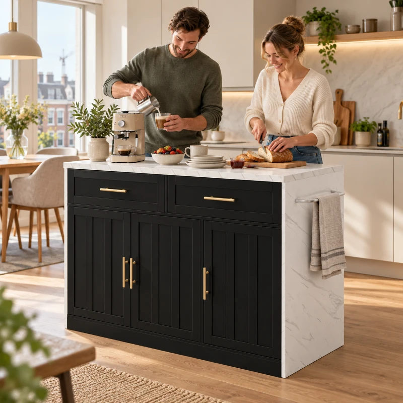 Keukeneiland met bartafel, 2 lades en 3 deuren met verstelbare planken voor opbergruimte, 2 USB-poorten, 2,4 cm wit marmerlook, 120×60×91 cm, zwart