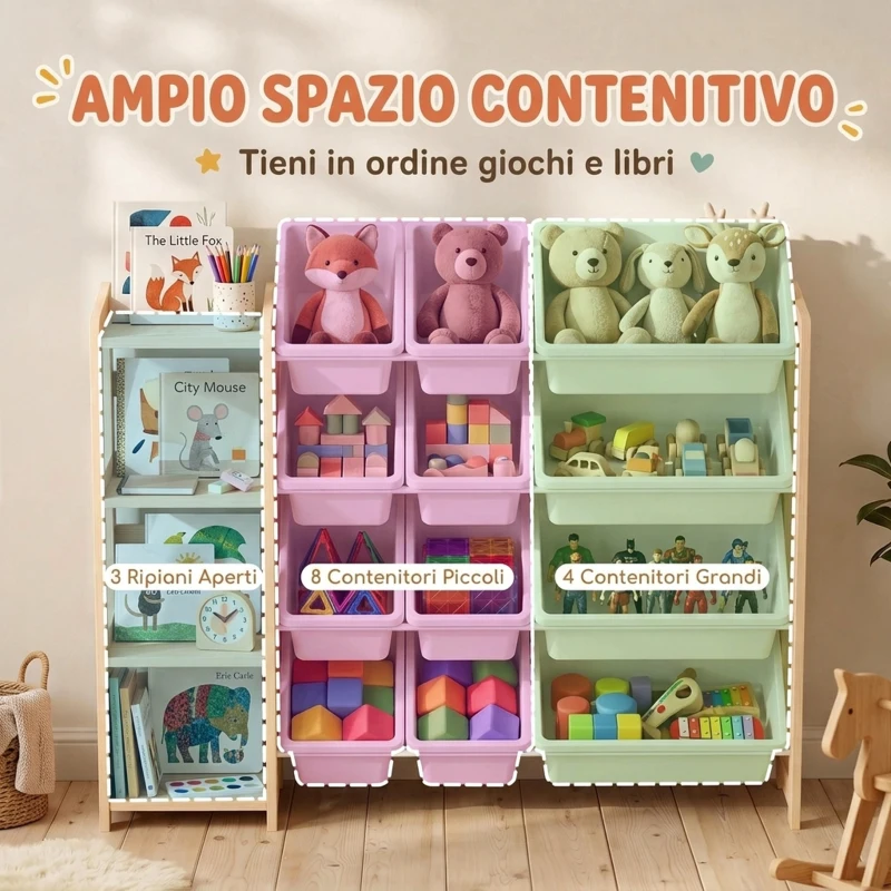 AIYAPLAY Mobile Portagiochi Con 12 Contenitori e 3 Mensole, Legno Naturale Bianco