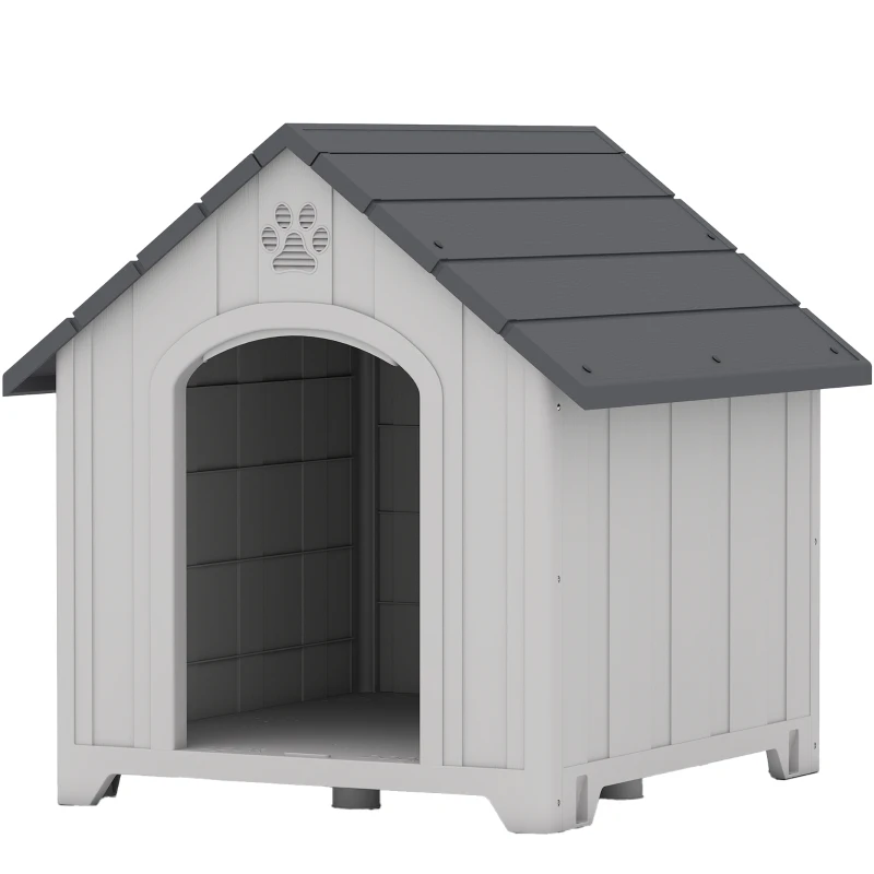 PawHut Niche pour chien extérieur, maison chien en polypropylène imperméable ventilé plancher surélevé 76x66x77cm gris clair