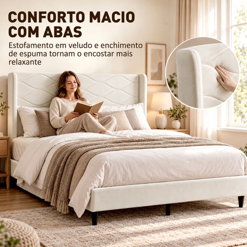 HOMCOM Cama Estofada 140x200 cm com Cabeceira Acolchoada com Abas em Veludo, Ripas de Madeira, Montagem Fácil, Bege