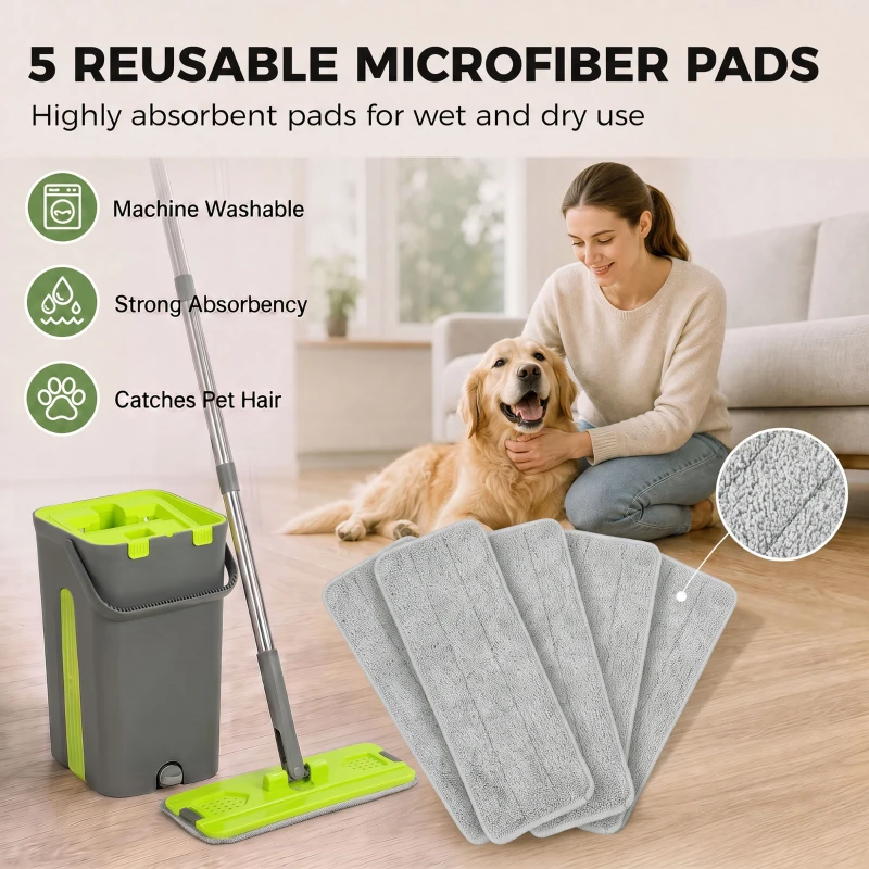 HOMCOM Mop and Bucket Set, Compact Flat Mop System with Wringer, 2 Chambers, 5 Reusable Pads, Dark Grey and Green