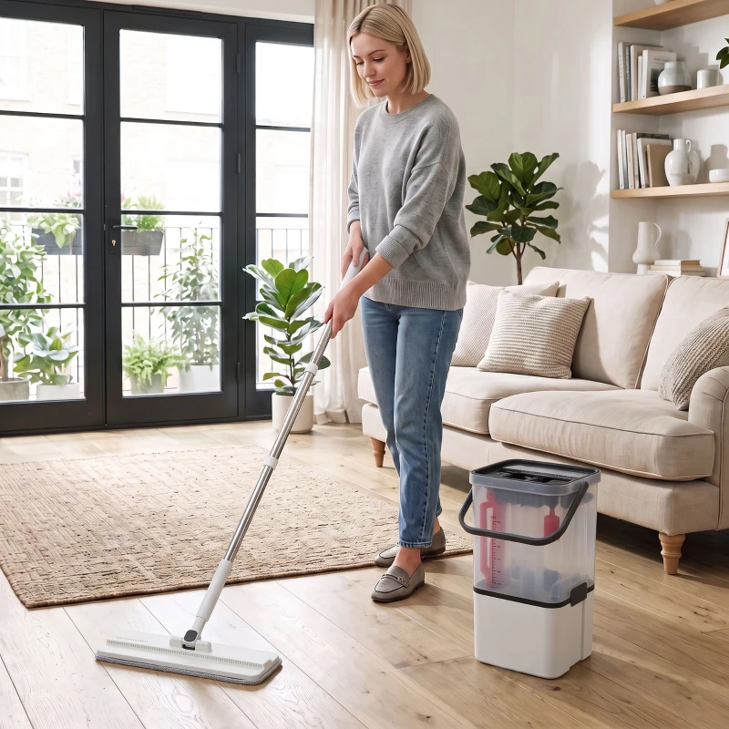 HOMCOM Mop and Bucket Set, Compact Flat Mop and Bucket with Wringer, 2-Port Design, 5 Reusable Microfiber Pads, White