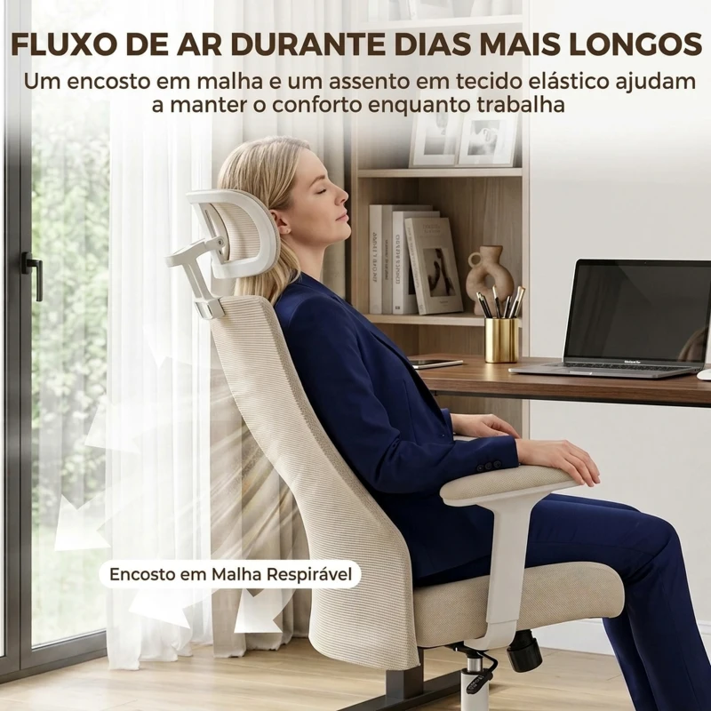 HOMCOM Cadeira de Escritório Ergonómica com Almofada Lombar em Espuma Viscoelástica, Apoio de Cabeça 3D e Apoios de Braços Ajustáveis - Bege