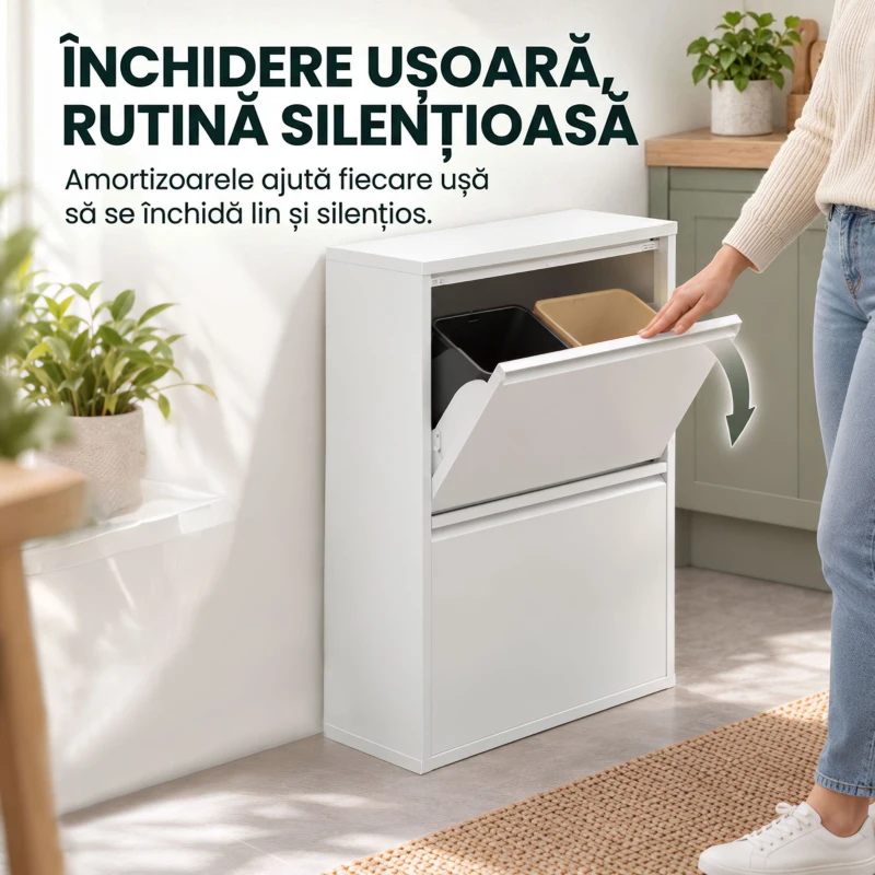 HOMCOM Coș rabatabil pentru colectare selectivă 4x15L din oțel, 4 găleți detașabile, închidere amortizată, alb