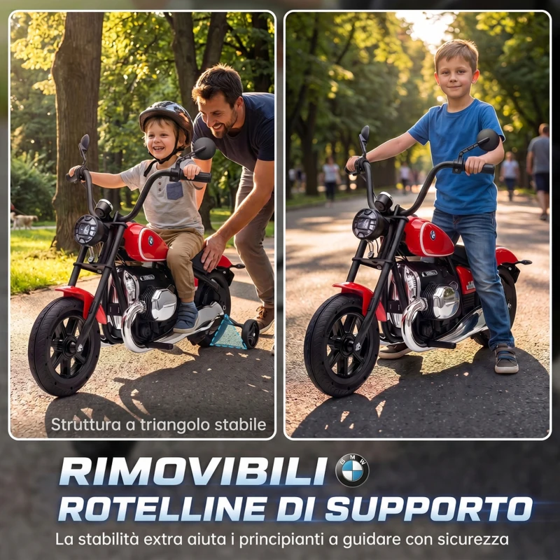 AIYAPLAY Moto Elettrica per Bambini 12V BMW R18, Batteria al Litio, 3-8 Anni, Rotelle Rimovibili, Faro, Musica, Rossa