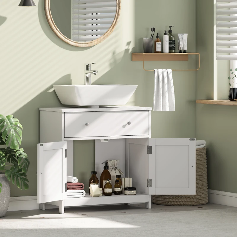 HOMCOM Mobiletto Sottolavabo Salvaspazio con Cassetto e Armadietto, 60x30x60 cm, Bianco