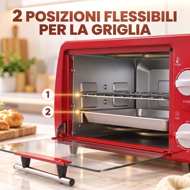 HOMCOM Fornetto Elettrico 10L da 750W con Temperatura Regolabile e Timer, 36.5x26x22 cm, Rosso