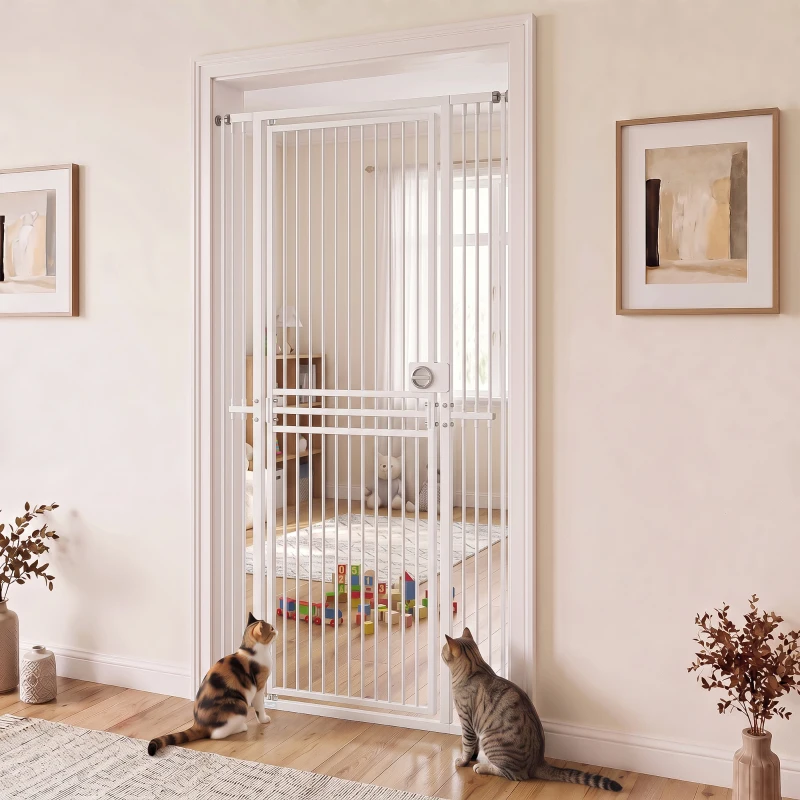 PawHut Barrera de Seguridad Perros Gatos Extra Alta 198 cm Extensible 74-100 cm para Puerta Escalera Montaje a Presión Blanco