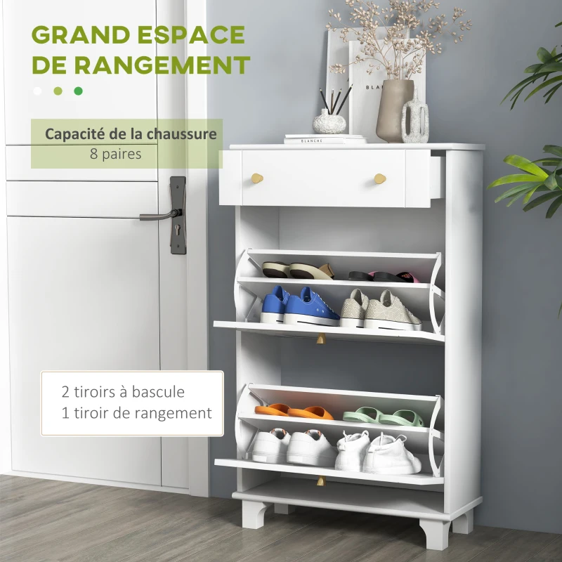 HOMCOM Meuble chaussure entrée étroit avec tiroirs à portes abattants et étagère réglable, 60 x 23,5 x 98,5 cm, blanc