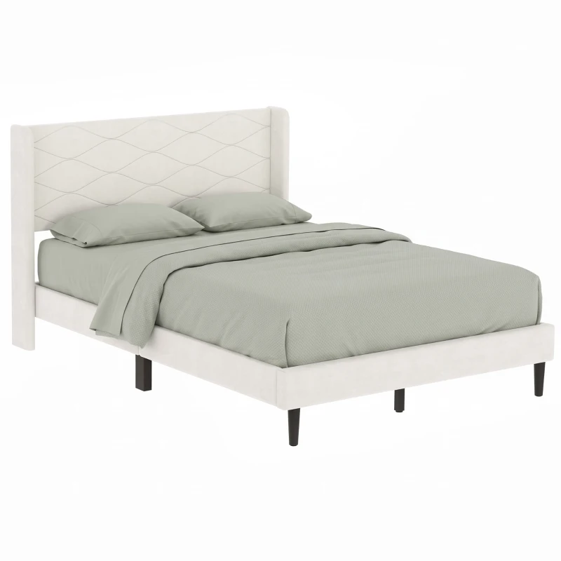 HOMCOM Cama Estofada 140x200 cm com Cabeceira Acolchoada com Abas em Veludo, Ripas de Madeira, Montagem Fácil, Bege