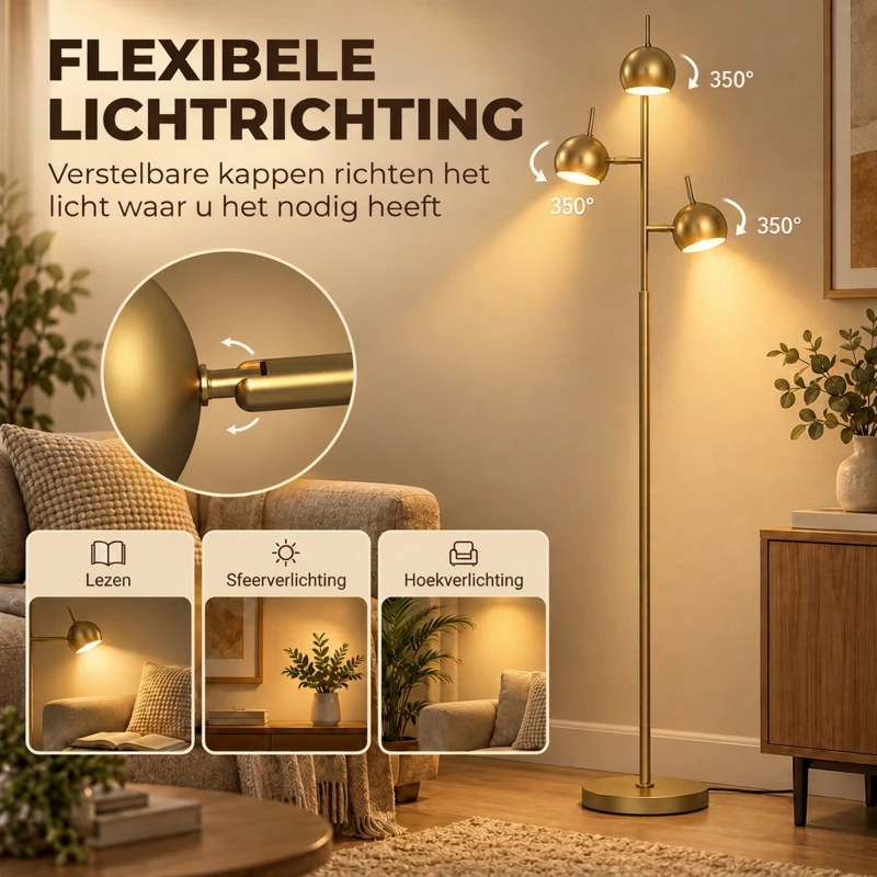 HOMCOM 350° verstelbare vloerlamp voor woonkamer en kantoor, staande lamp met 3 stalen kappen, goudkleurig