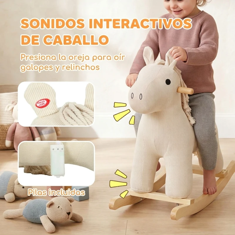 AIYAPLAY Caballito Balancín para Bebés con Sonidos de Cascos y Relinchos Base de Madera Tapizado en Pana 18 a 36 Meses Blanco