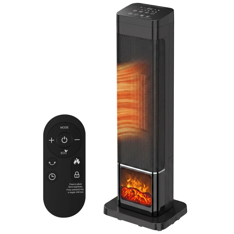 HOMCOM Calefactor Eléctrico Cerámico PTC 2000W con 4 Modos Llama Dinámica Mando Oscilación 70° Protección Sobrecalentamiento