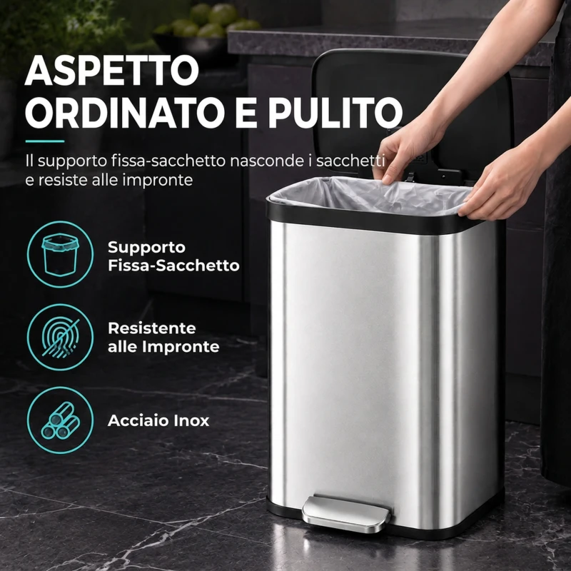HOMCOM Pattumiera Rettangolare a Pedale 50L in Acciaio Inox con Chiusura Ammortizzata, Scomparto per Deodorante, Argento