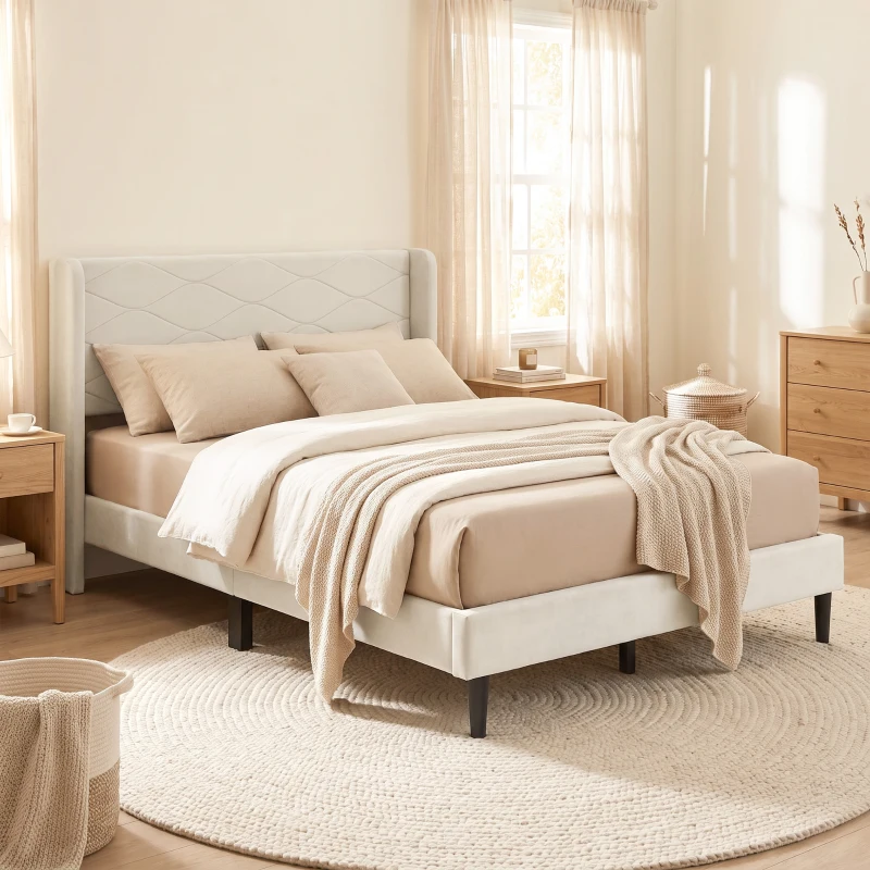 HOMCOM Cama Estofada 140x200 cm com Cabeceira Acolchoada com Abas em Veludo, Ripas de Madeira, Montagem Fácil, Bege