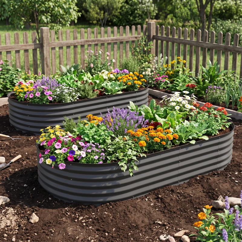 Outsunny Set of Two 181 x 93cm Steel Planters - Dark Grey