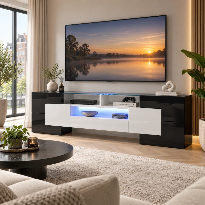 Modern hoogglans tv-meubel met geïntegreerde LED-verlichting, glazen oppervlak en opbergruimte, MDF/spanplaat, 200×30×60,7 cm, zwart